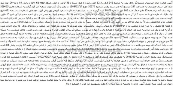 آگهی مزایده ششدانگ پلاک ثبتی به شماره 346 فرعی از 12 اصلی مفروز و مجزا شده از 36 فرعی از اصلی