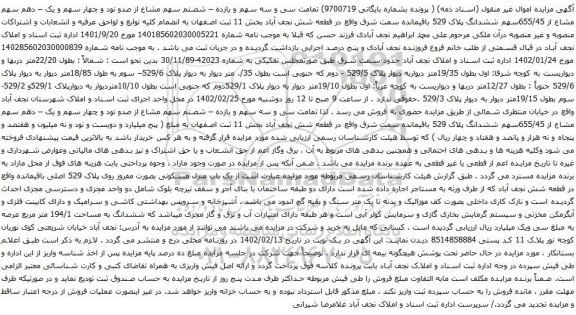 آگهی مزایده تمامت سی و سه سهم و یازده – شصتم سهم مشاع از صدو نود و چهار سهم و یک – دهم سهم مشاع از 655/45سهم ششدانگ