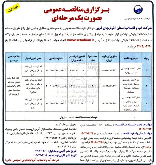 مناقصه حفر 10 حلقه چاه عمیق و...