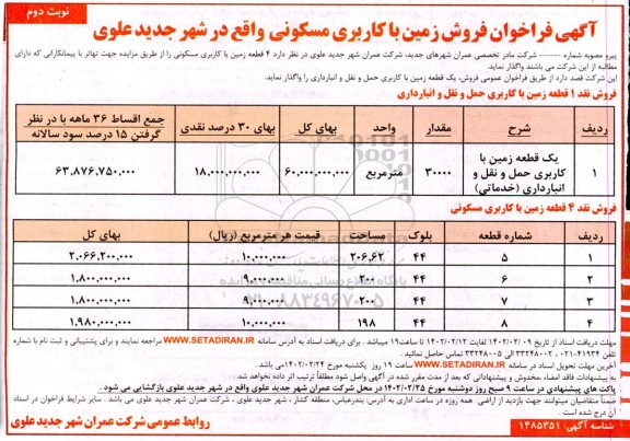 فراخوان فروش زمین با کاربری مسکونی - نوبت دوم