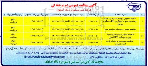مناقصه عمومی دو مرحله ای خرید انواع دبه استوانه ای 2 کیلوگرمی PE دستگیره سرخود.....