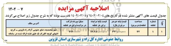 اصلاحیه مزایده فروش یک قطعه زمین با کاربری تجاری