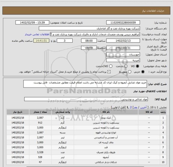 استعلام خرید مواد غذایی آبمیوه و کیک ایران کد مشابه می باشد اعلام قیمت مطابق مشخصات  فایل پیوست