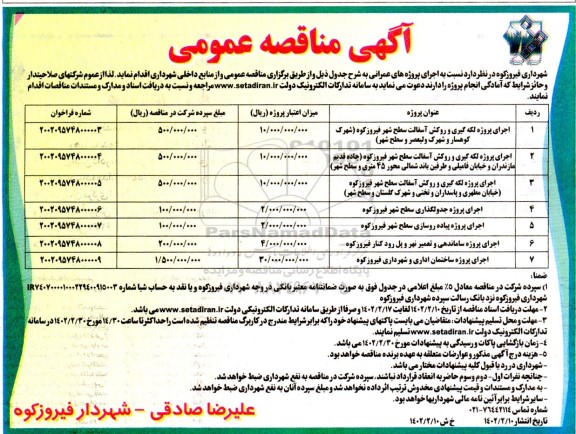 مناقصه اجرای پروژه لکه گیری و روکش آسفالت ...