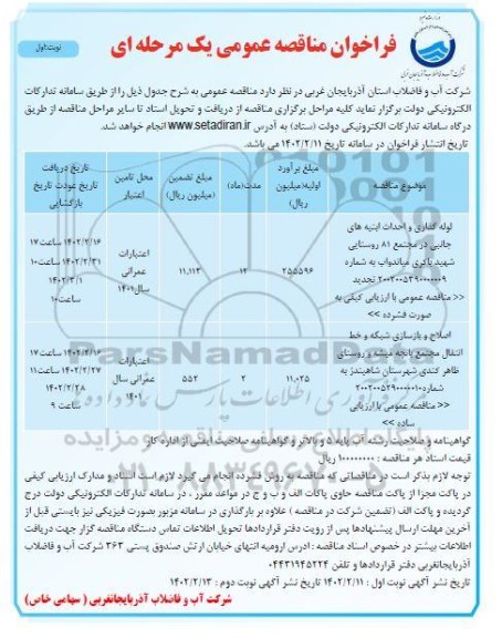 مناقصه لوله گذاری و احداث ابنیه های جانبی ...