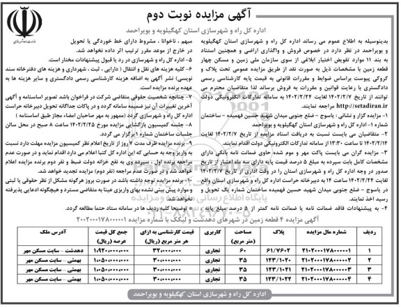 مزایده فروش چهار قطعه زمین با کاربری تجاری  - نوبت دوم