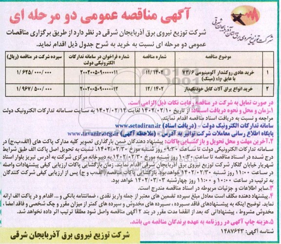 مناقصه خرید هادی روکشدار آلومینیومی 73/6 با عایق xlp (مینک) و...