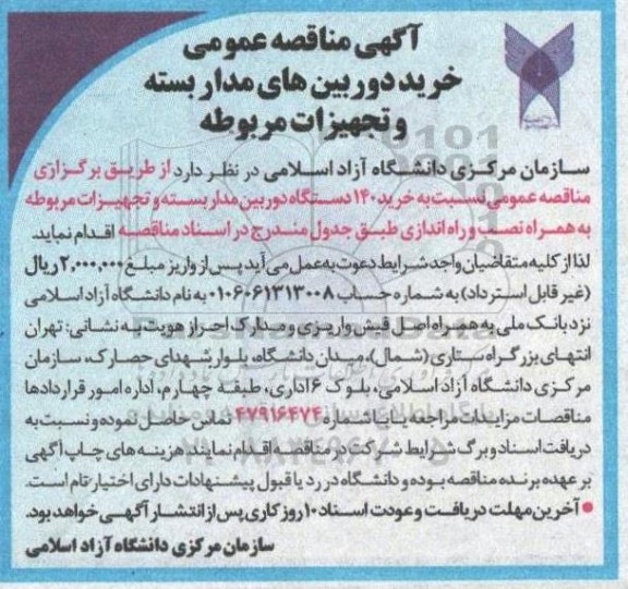 مناقصه خرید 140 دستگاه دوربین مدار بسته و تجهیزات مربوطه به همراه نصب و راه اندازی