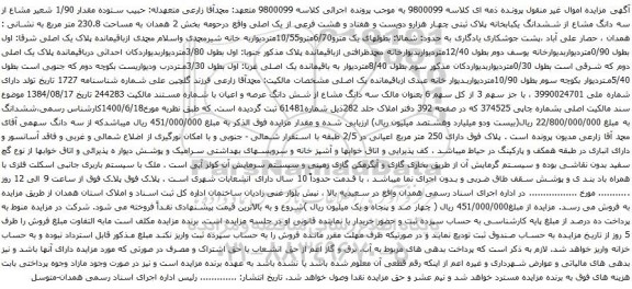 آگهی مزایده مقدار 1/90 شعیر مشاع از سه دانگ مشاع از ششدانگ یکبابخانه پلاک ثبتی چهار هزارو دویست و هفتاد و هشت فرعی از یک اصلی