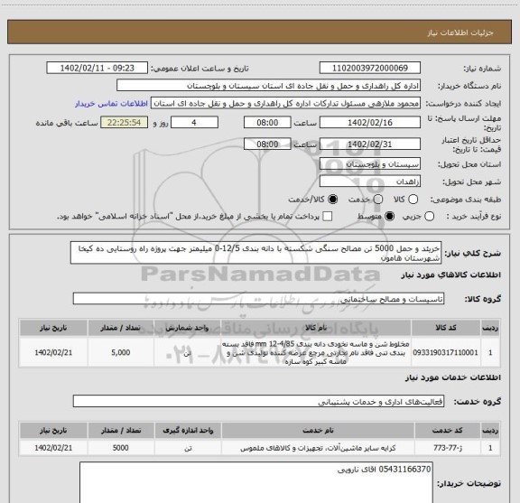 استعلام خریئد و حمل 5000 تن مصالح سنگی شکسته با دانه بندی 12/5-0 میلیمتر جهت پروژه راه روستایی ده کیخا شهرستان هامون