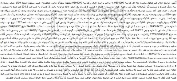 آگهی مزایده مقدار 1/90 شعیر مشاع از سه دانگ مشاع از ششدانگ یکبابخانه پلاک ثبتی چهار هزارو دویست و هفتاد و هشت فرعی از یک اصلی