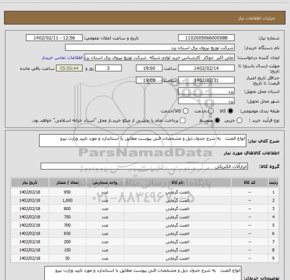 استعلام انواع المنت   به شرح جدول ذیل و مشخصات فنی پیوست مطابق با استاندارد و مورد تایید وزارت نیرو