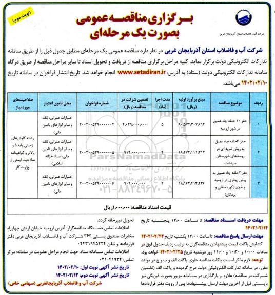 مناقصه حفر 10 حلقه چاه عمیق و...نوبت دوم  