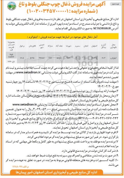 مزایده فروش ذغال چوب جنگلی بلوط و تاغ