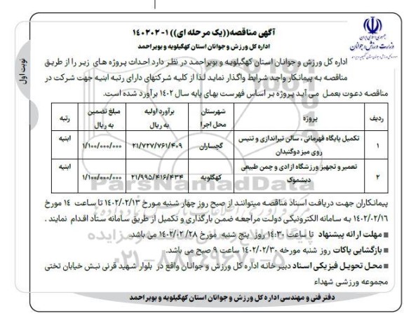 مناقصه تکمیل پایگاه قهرمانی، سالن تیراندازی و تنیس روی میز....