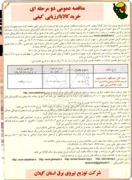 مناقصه خرید کابل خودنگهدار فشار ضعیف (مسنجر)... نوبت دوم 