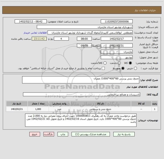 استعلام جدول بتنی پرسی 60*400*1000/ عمران