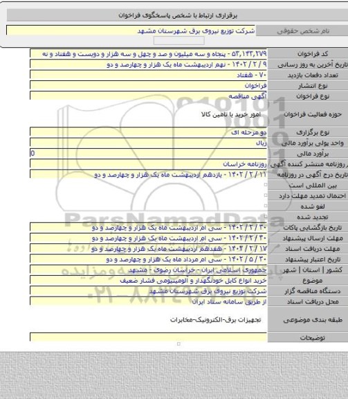مناقصه, خرید انواع کابل خودنگهدار و آلومینیومی فشار ضعیف