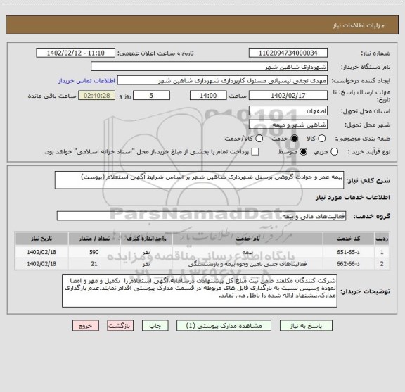استعلام بیمه عمر و حوادث گروهی پرسنل شهرداری شاهین شهر بر اساس شرایط آگهی استعلام (پیوست)