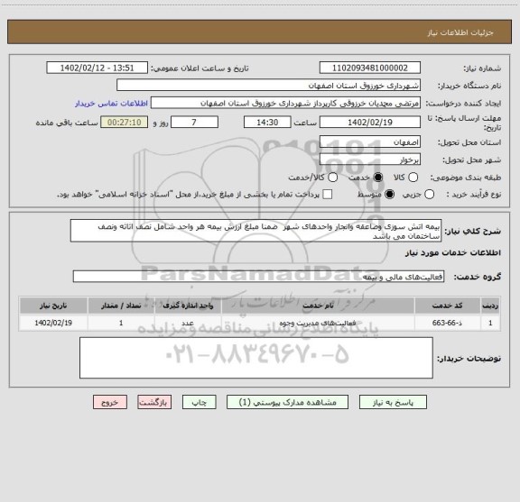 استعلام بیمه اتش سوزی وصاعقه وانجار واحدهای شهر  ضمنا مبلغ ارزش بیمه هر واحد شامل نصف اثاثه ونصف ساختمان می باشد