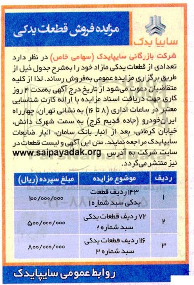 مزایده فروش قطعات یدکی 