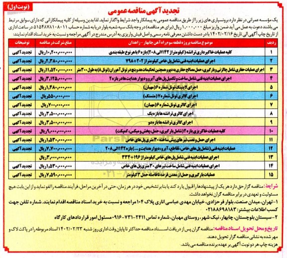 تجدید مناقصه کلیه عملیات خاکبرداری ترانشه .....