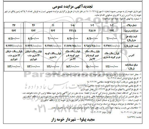 مزایده فروش تعداد 6 پلاک زمین تجدید نوبت دوم 