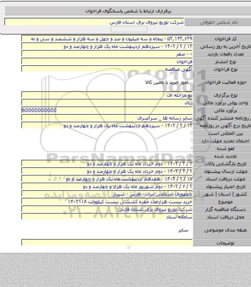 مناقصه, خرید بیست هزارعدد مقره کششی بیست کیلوولت ۱۴۰۲۱۱۸