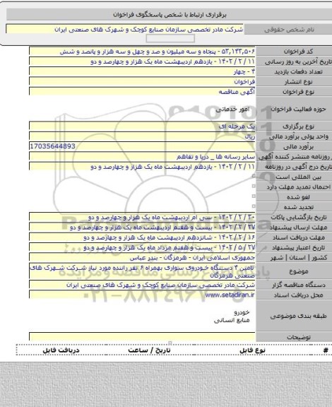 مناقصه, تامین ۴ دستگاه خودروی سواری بهمراه ۶ نفر راننده مورد نیاز شرکت شهرک های صنعتی هرمزگان