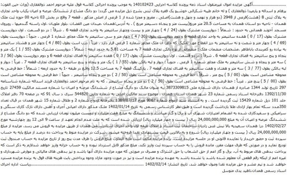 آگهی مزایده  دو دانگ مشاع از ششدانگ عرصه و اعیان یکباب واحد تجاری به پلاک ثبتی 8 (هشت)فرعی از 2948
