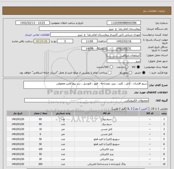 استعلام سیم افشان ، کابل ، کلید ، پریز، دوشاخه ، فیوز ، فتوسل ، سر پیچ لامپ معمولی
