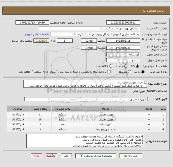 استعلام خرید دوربین مداربسته 
در صورت عدم تأیید کیفیت و کمیت کالای ارسالی، کالاها به هزینه تامین کننده عودت داده خواهد شد.