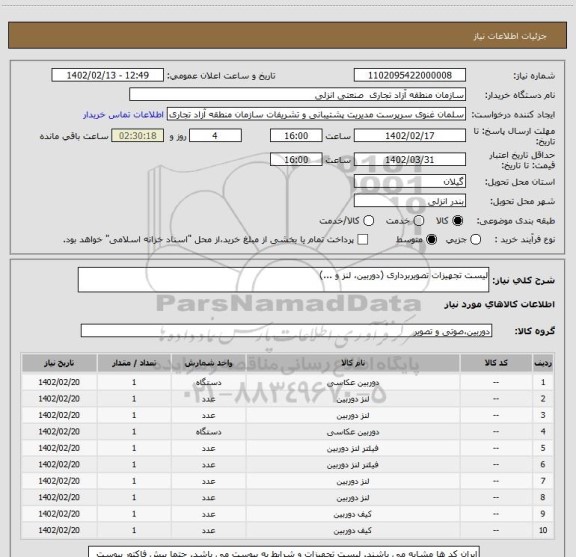 استعلام لیست تجهیزات تصویربرداری (دوربین، لنز و ...)