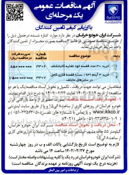 مناقصه خرید 30 عدد قفسه خودتغذیه کانبانشلف و ...