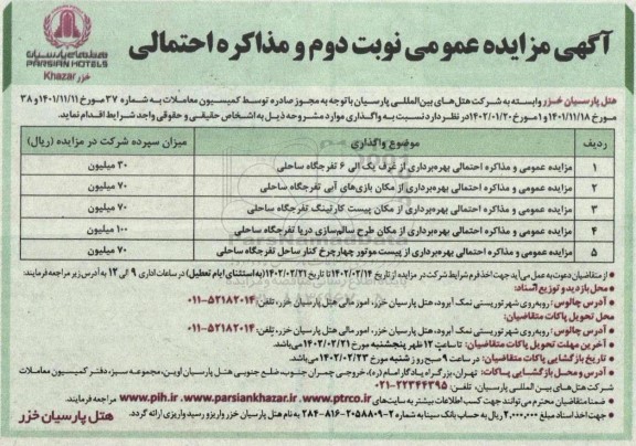 مزایده عمومی و مذاکره احتمالی بهره برداری از غرف و ... ـ نوبت دوم
