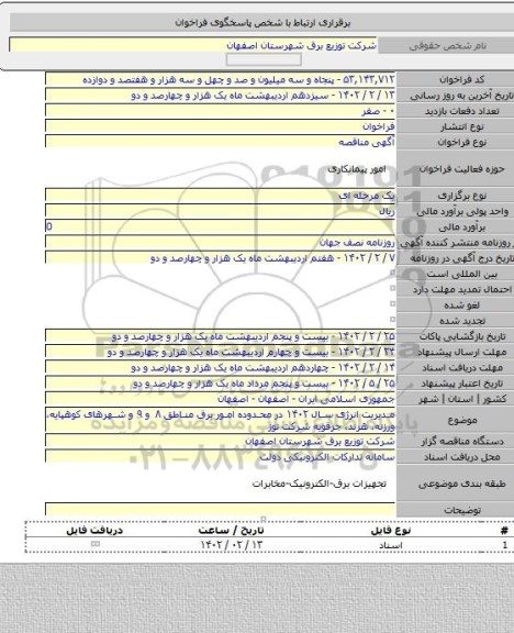 مناقصه, مدیریت انرژی سال ۱۴۰۲ در محدوده امور برق مناطق ۸ و ۹  و شهرهای کوهپایه، ورزنه، هرند، جرقویه شرکت توز