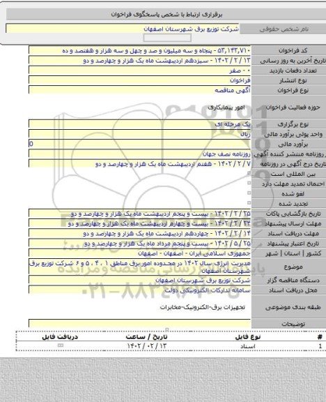 مناقصه, مدیریت انرژی سال ۱۴۰۲ در محدوده امور برق مناطق ۱ ، ۴ ، ۵ و ۶ شرکت توزیع برق شهرستان اصفهان