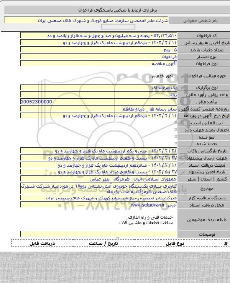 مناقصه, کاربری سازی یکدستگاه خودروی آتش نشانی دوو۱۸ تن مورد نیاز شرکت شهرک های صنعتی هرمزگان  به مدت یک ماه