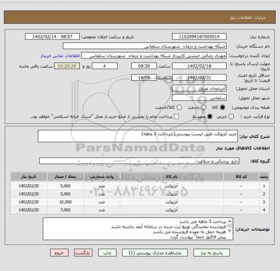 استعلام خرید آنژیوکت طبق لیست پیوستی(باپرداخت 3 ماهه)