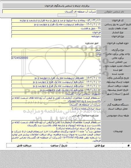 مناقصه, استعلام قیمت: مطالعات آزمایشات کمی و کیفی آب رودخانه های شصت کلاته در بالادست سد و رودخانه کبودوال