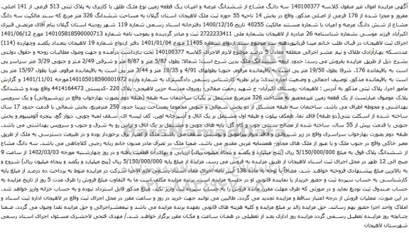 آگهی مزایده سه دانگ مشاع از ششدانگ عرصه و اعیان یک قطعه زمین نوع ملک طلق با کاربری به پلاک ثبتی 513 فرعی از 141 اصلی، مفروز و مجزا شده از 176 فرعی از اصلی