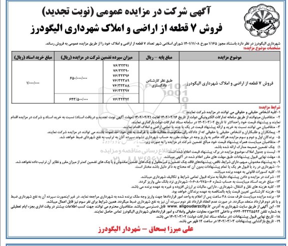 تجدید مزایده فروش 7 قطعه از اراضی و املاک 