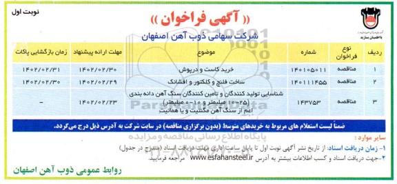 فراخوان ساخت اجزای گیربکس...فراخوان خرید کاست و درپوش  و...
