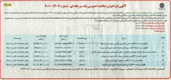 مناقصه تکمیل مدرسه 6 کلاسه ....