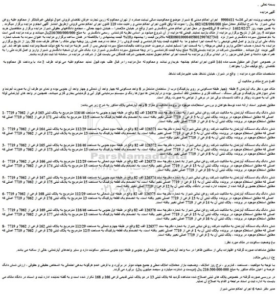 مزایده شش دانگ یک دستگاه آپارتمان به مساحت 116/46 مترمربع به پلاک ثبتی 163 فرعی از 7062 و 7719  اصلی