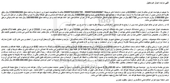 مزایده ششدانگ عرصه و اعیان یک دستگاه آپارتمان مسکونی بشماره پلاک ثبتی 33286 فرعی از 33 اصلی 