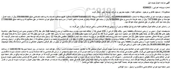 مزایده ششدانگ یکقطعه زمین  پلاک 136 فرعی از 129 اصلی 