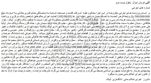 مزایده فروش ششدانگ عرصه و اعیان یک زمین به مساحت 44ر31 مترمربع با کاربری تجاری 