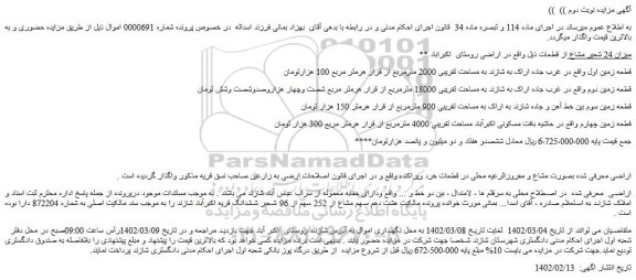 مزایده فروش میزان 24 شعیر مشاع از قطعات  