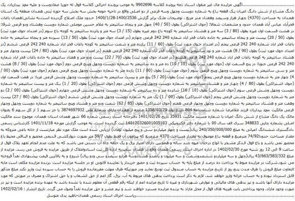 آگهی مزایده یک دانگ مشاع از شش دانگ اعیان یک قطعه باغ به شماره دویست وچهل وسه فرعی از دو اصلی
